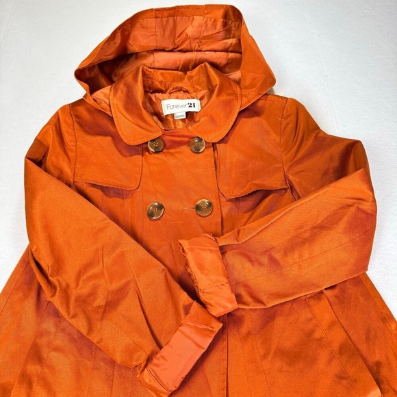 Forever 21 Hooded Double Breasted Pea Coat Jacket Women Size 2 Burnt Orange Twee - Picture 9 of 13